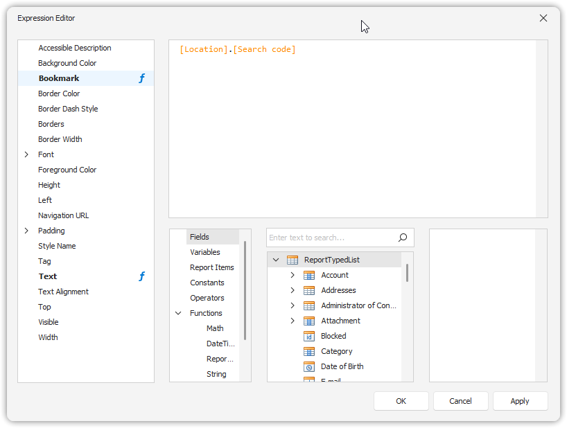 The expression used to bind the location searchcode